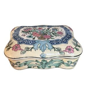 Vintage Chinoiserie Box floral trinket porcelain storage Large Jewerly Box